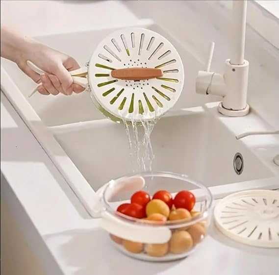 2 in 1 Drainer and Strainer, Draining Basket with Lid - Multifunctional Fruit Vegetable Washing Basket - Drainer with Foldable Handle